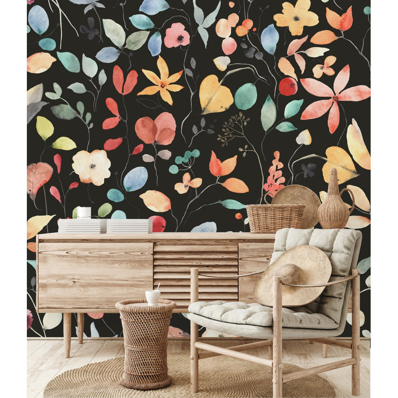 Panneau de papier peint 10,4 pi x 125 po Autumn Leaves on Dark, L 8,33 pi x l 100 po