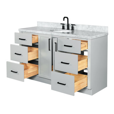 Meuble-lavabo ovale simple de 155 cm avec comptoir en marbre blanc de Carrare de 3,8 cm d'épaisseur, de couleur gris.