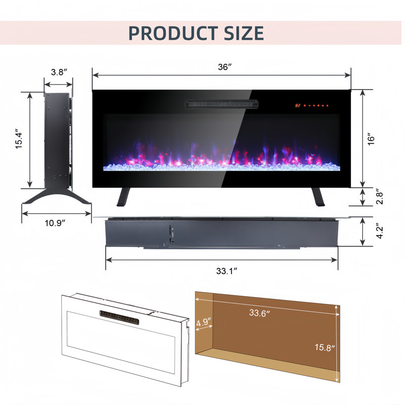 36 Inch Recessed Ultra Thin Tempered Glass Front Wall Mounted Electric Fireplace With Remote And Multi Color Flame & Emberbed, Led Light Heater