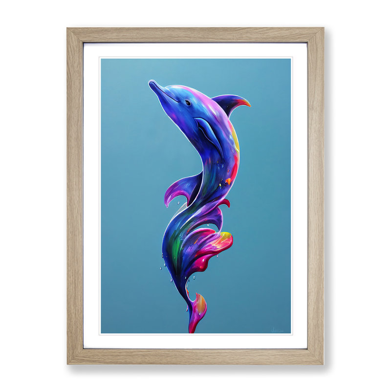 Dolphin Paint Splash No.1 - Framed Print, 34cm H x 25cm W x 2cm D, Oak