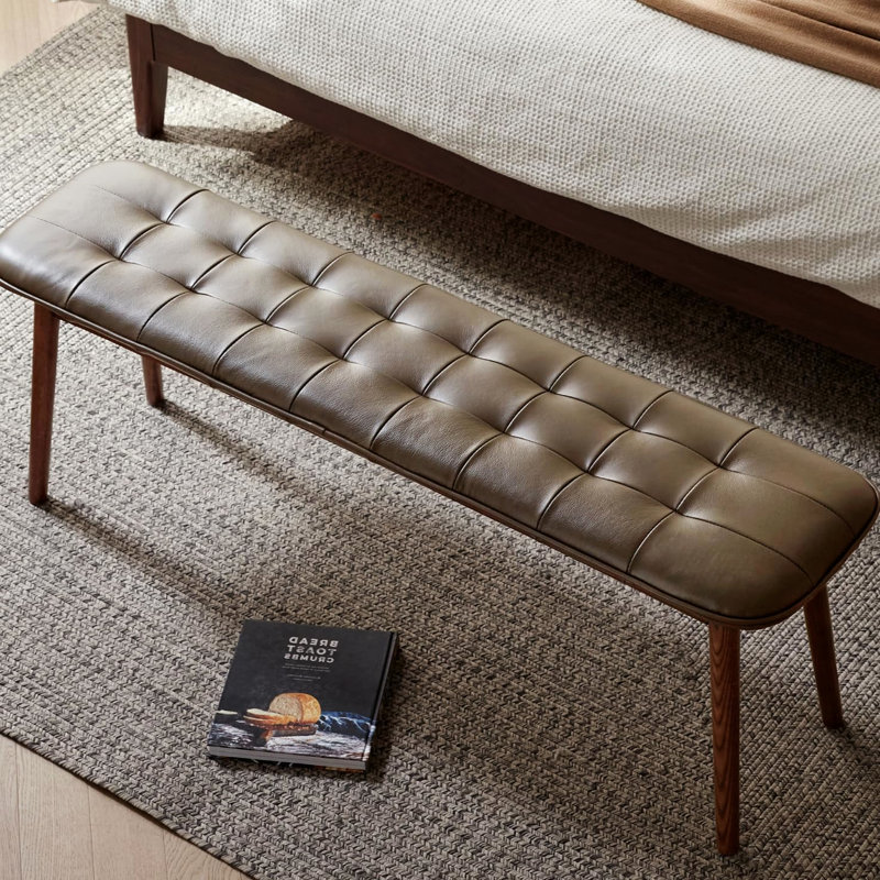 Natural Oak Wood Bench, Brown Leather - Filled, First Layer Cowhide, High Density Sponge Filler, For Primary Living Space And Dining, 12" Wide, 17.5" High, 15 Min Assembly Manual Dining Cushion, Soft