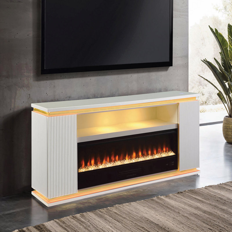 Contemporary Style TV Stand With Electric Fire Place, 3-Level Brightness Temperature Control White Finish For Primary Living Room