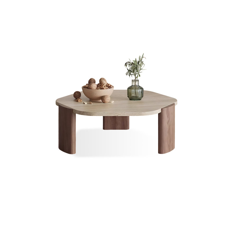 Hexagonal Coffee Table Sintered Stone Top with Solid Wood Legs, 13.78" H x 27.95" W x 25.59" D, Beige / Brown