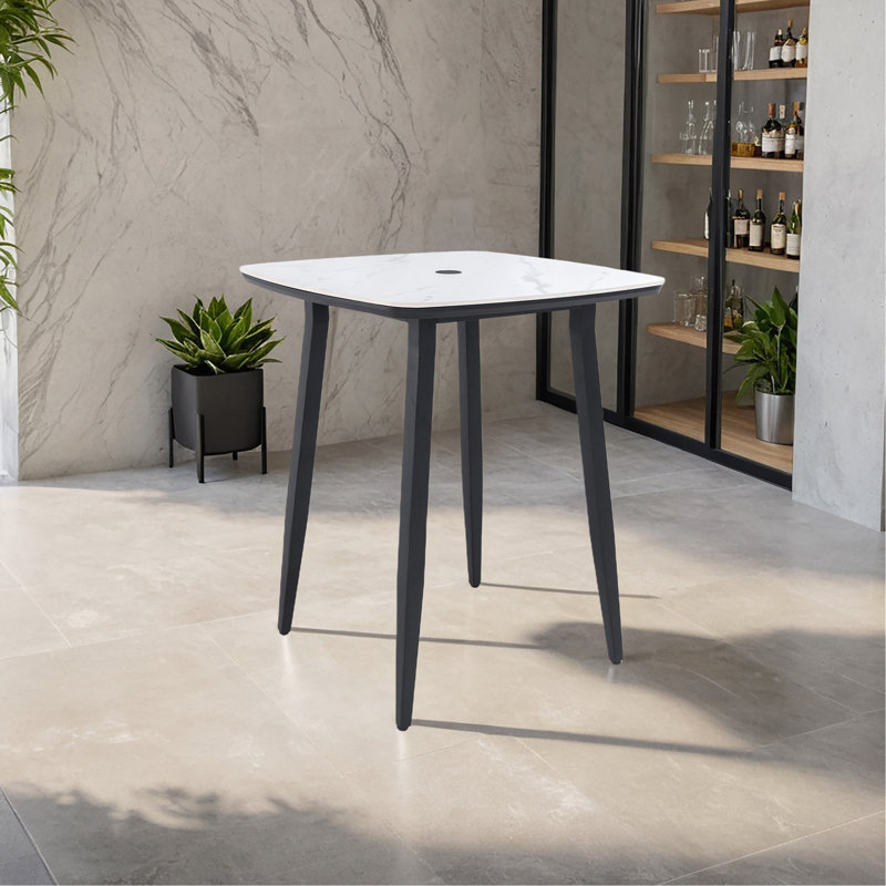 Modern 35.4'' Rounded Square Outdoor Bar Table, Greek White Marble Inspired Sintered Stonetop, Umbrella Hole, Rust Free Aluminum Frame, Ember Black