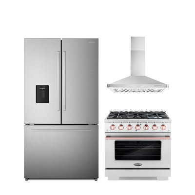 Cosmo 3 Piece Kitchen Appliance Package with French Door Refrigerator , 36'' Gas Freestanding Range , and Wall Mount Range Hood -  COS-4PKG-1115