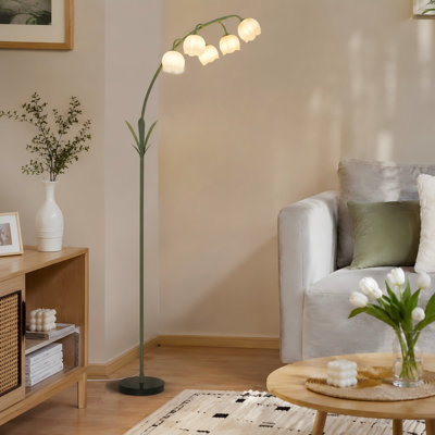 Arc Flower Floor Lamp with 5 G9 LED Bulbs and Foot Switch, Green Floral Standing Light with Acrylic Shades and Curved Tall Design for Living Room, Bedroom, Kids Room or Reading Corner
