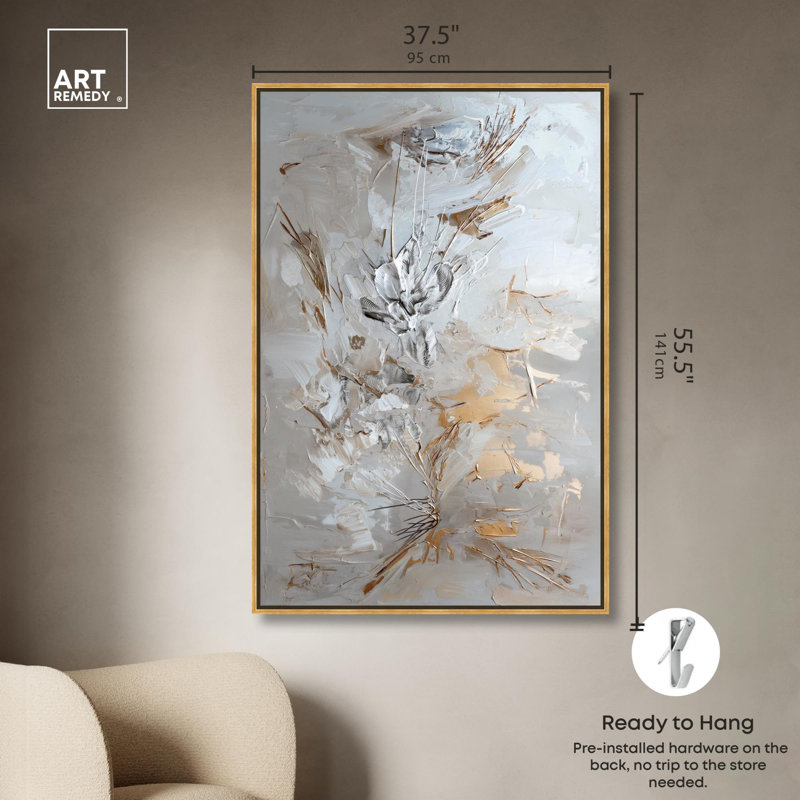 Golden Mirage, toile élégante abstraite dorée par Art Remedy, Cadre doré, H 55 po x l 37 po