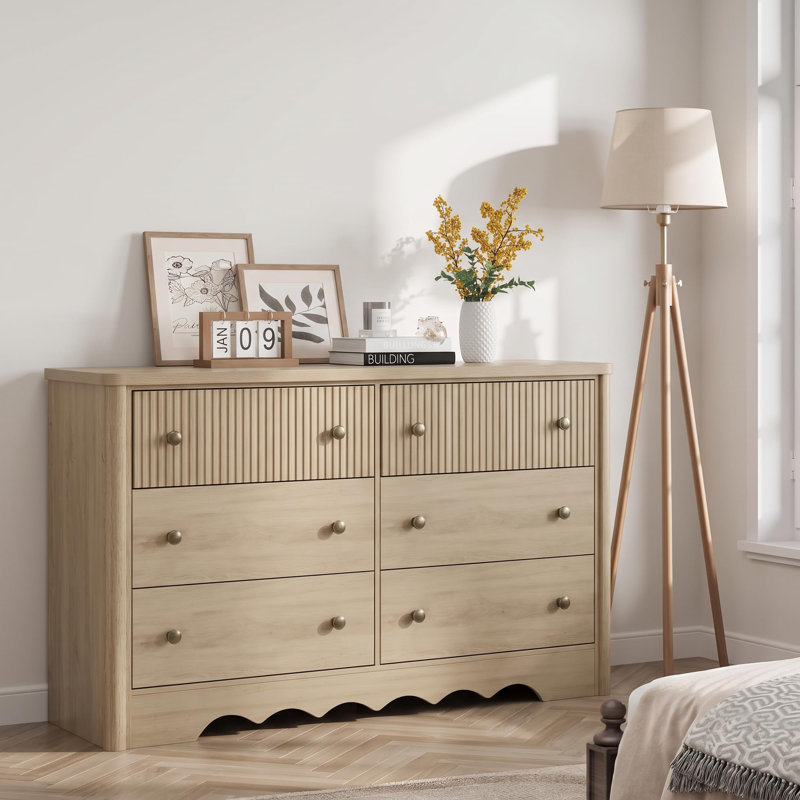 Commode cannelée à 6 tiroirs, commode de 120 cm de large pour chambre à coucher, Naturel