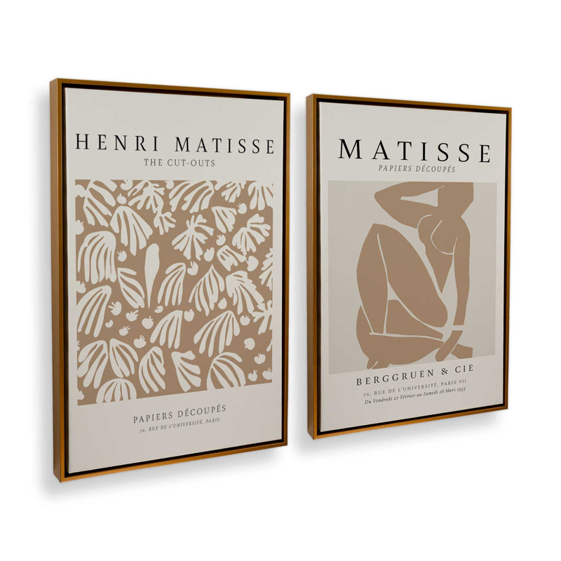 Ensemble de 2 Matisse The Parakeet et Nus Brun, H 37 po x l 50 po, Cadre flottant or poli