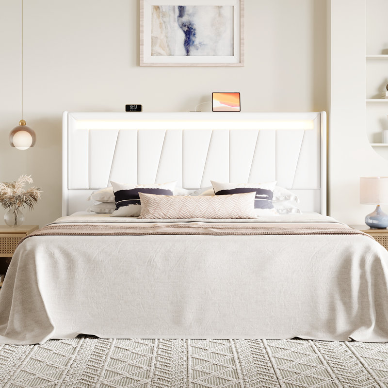 Modern Upholstered Bed Frame With RGB LED Lights, Charging Station & Geometric Wingback Headboard, White, King