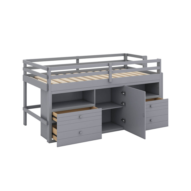 Lit mezzanine simple avec 4 tiroirs, sous l'armoire et les tablettes, Gris