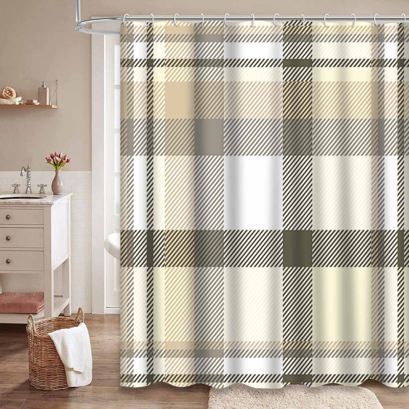 Rideau de douche sans couture à carreaux beige, brun clair, taupe et blanc avec 12 crochets, 72" L x 72" W