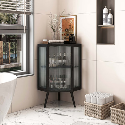Armoire de rangement de coin contemporaine avec porte en verre trempé et tablettes multi-pièces