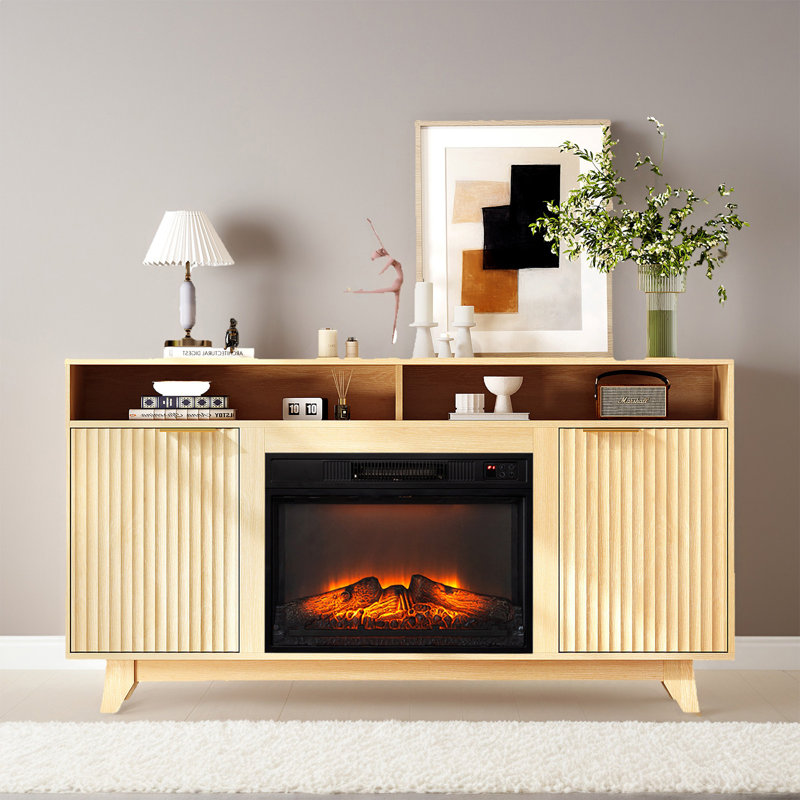 Farmhouse 58'' TV Stand For Tvs Up To 70'' With Electric Fireplace And Adjustable Shelves, Oak