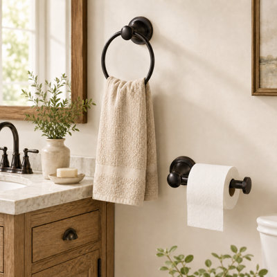 Oil-Rubbed Bronze Toilet Paper Holder and Towel Ring Set