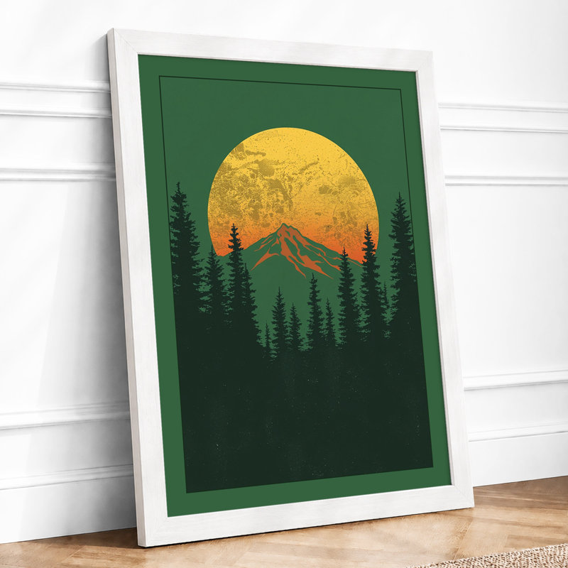 Moon Over Mountain Minimalist - Framed Print, A4 - 29.7 x 21.0 cm, White