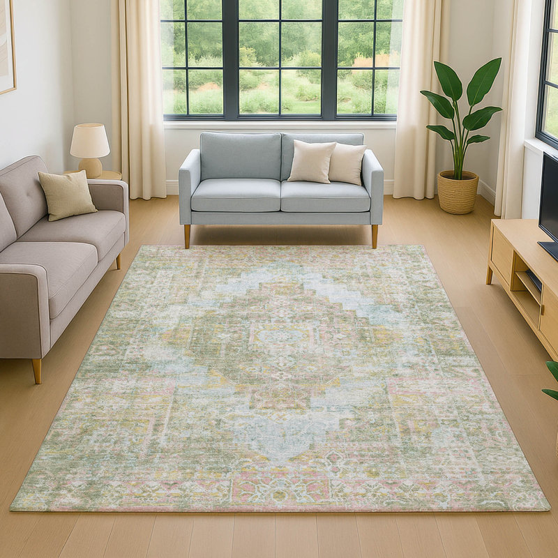 Premium Machine Washable Mayfield AMF2140 global Rug, Green, 5' x 7'6"
