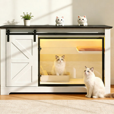 Enceinte de litière blanche pour chat avec porte de grange coulissante, meuble de salle de bain caché avec rangement, lumière DEL et table de chevet
