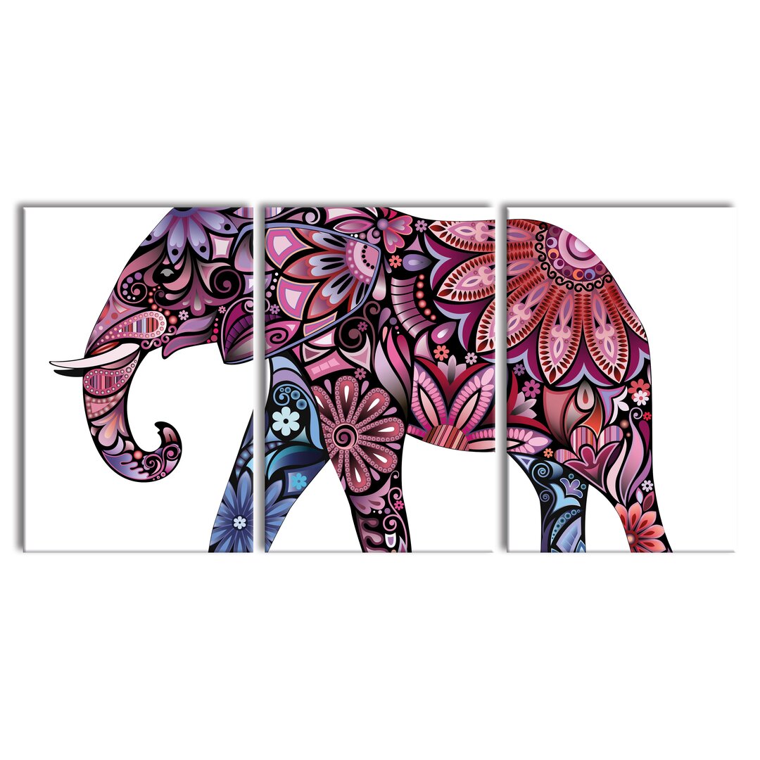 3-tlg. Leinwandbilder-Set Elefant mit Ornamenten