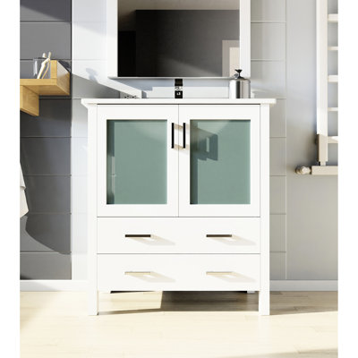 White Bath Vanity With Ceramic Top And Faucet, Included 28" W X 32" H Mirror - 30" W, 18.25" D Top, 17.25