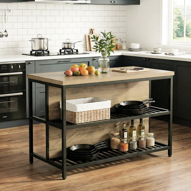 Îlot de cuisine l 55 po avec deux tablettes de rangement et un grand plan de travail