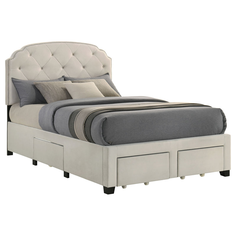 Lit de rangement rembourré 4 tiroirs Aleyna crème, Double