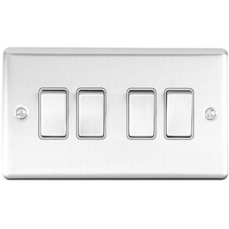 2 PACK 4 Gang Metal Quad Light Switch POLISHED CHROME 2 Way 10A White Trim, Silver/Grey, Satin