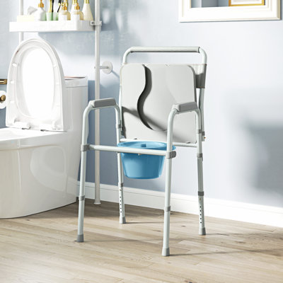 Folding Bedside Commode Chair with Handle, Adjustable Height, Grey