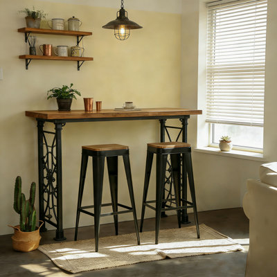 Tabouret de bar 2 pièces en métal avec dossier en bois massif