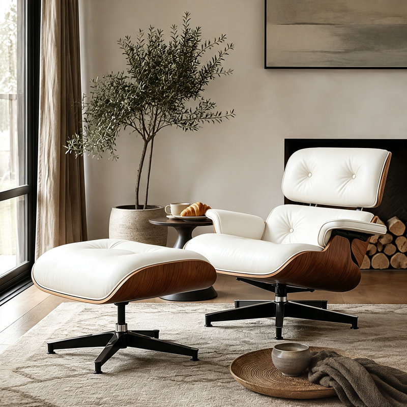 Chaise longue pivotante en cuir véritable classique avec repose-pieds pour le salon, fauteuil d'appoint en bois massif