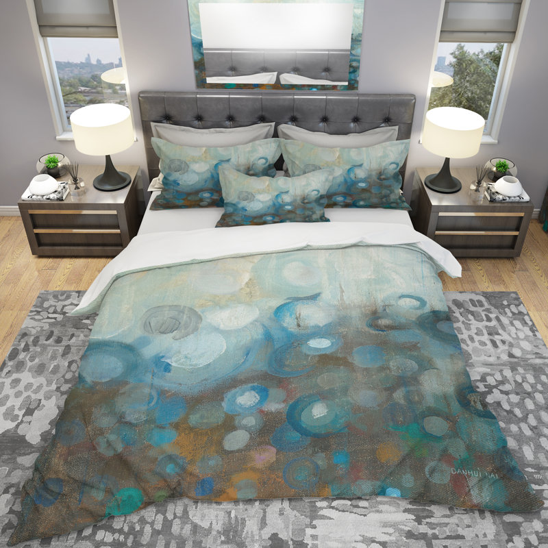 Blue and Bronze Dots on Glass I - Modern & Contemporary Duvet Cover Set - Microfiber Polyester, King Duvet Cover + 2 Shams