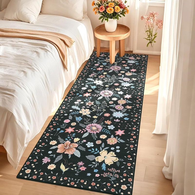 Runner Rug Kitchen Runner Floral Rug Runners for Hallway Bedroom, Soft Thin Indoor Low Pile Flower Carpet with Non Slip Backing