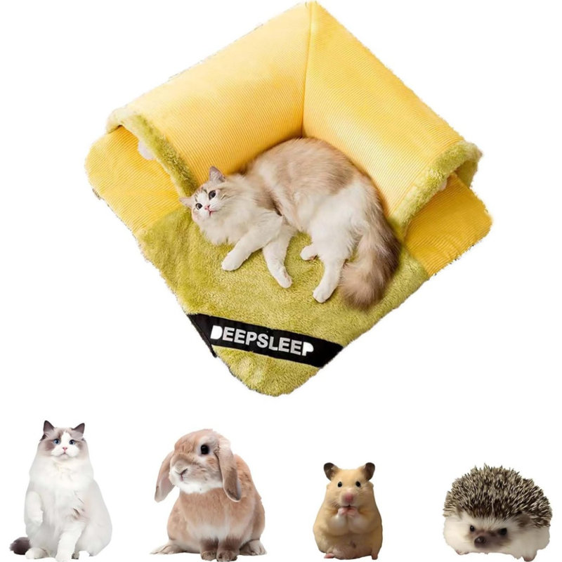 Lit pour chat avec tapis en peluche amovible, Petit (L 23,62 po x l 15,75 po), Vert / Jaune