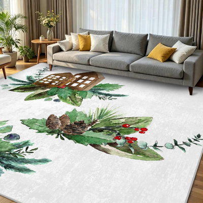 Red Machine Washable,Christmas of Leafs House Branches and Indoor Area Rug