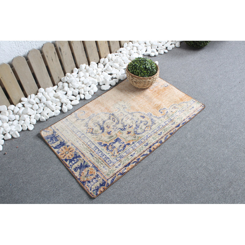 Vintage Small Turkish Oushak Rug in Faded Orange Ideal for Front Door Placement and Unique Interiors