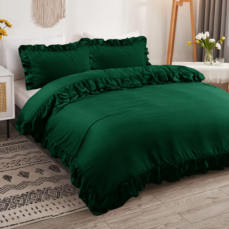 DUVET FRILL Microfiber Solid Colour Duvet Cover with Pillowcases Included, Double Duvet Cover + 2 Standard Pillowcases, Green