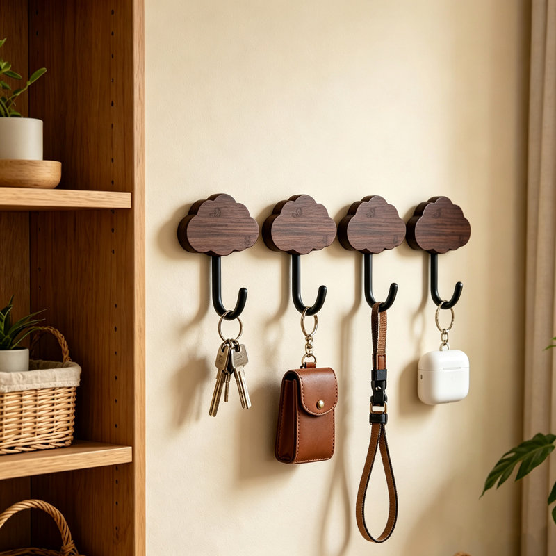 Patères murales en bois, porte-manteau en bois naturel, crochets robustes, ensemble de 4