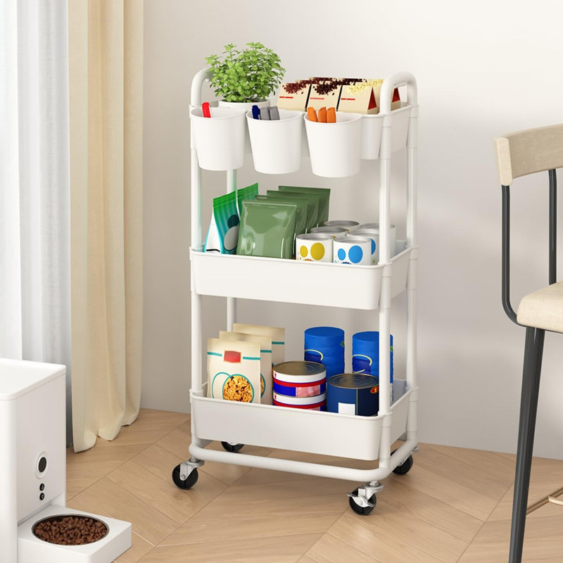 3‑Tier Plastic Utility Rolling Cart with Hanging Cups, Handles and Lockable Wheels