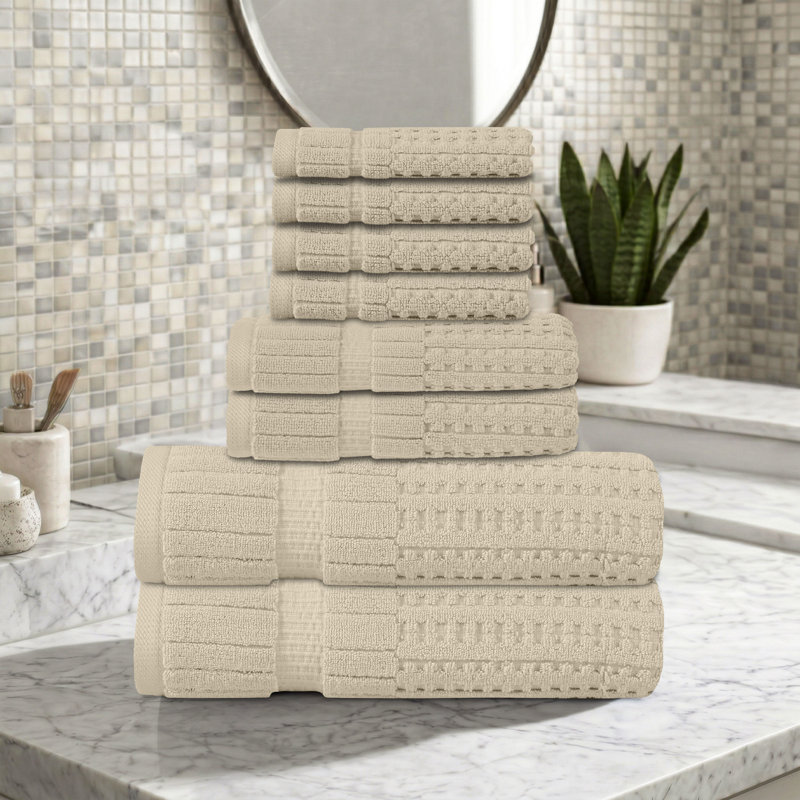 Willow 8 Pieces Towel Set – 100% Combed Cotton, Premium Quality 630 GSM, Ivory, Ultra-Soft & Highly Absorbent (2 Bath, 2 Hand, 4 Wash Towels set)