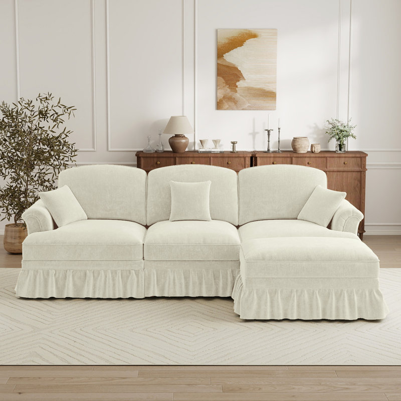 Mid Century Three Seater Modular L Shaped Sectional Couch With Removable Ruffles Pleats Skirts, Comfy Chenille 3-seat Deep Seat Sofa With Movable Ottoman