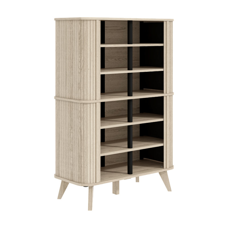 Armoire à chaussures Aurel Mid-Century 18 paires avec portes coulissantes cannelées, Beige