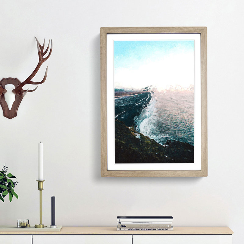 Black Sands Beach in Iceland - Picture Frame Art Print, 65cm H x 48cm W x 2cm D, Oak Framed