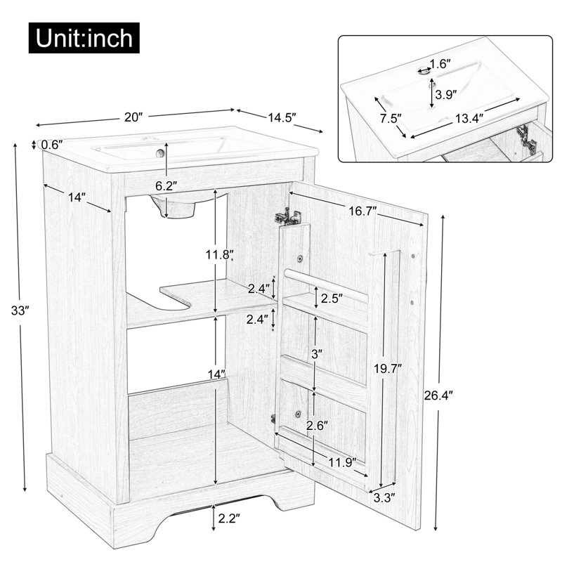 20" W Bathroom Vanity With Sink, Bathroom Storage Cabinet With Soft Closing Door, Storage Rack And Adjustable Shelve, Natural Wood