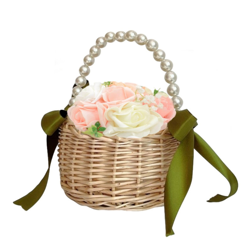 Panier de mariage, panier de rangement en ruban tissé à la main perle, panier de pique-nique, panier de fleurs