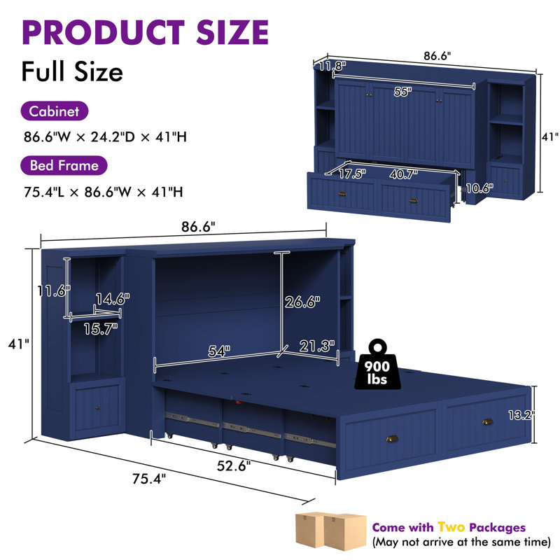 Wilkinson Farmhouse Full Murphy Bed with Bedside Tables, 3 Storage Drawers & Charging Station, Navy, Full / Double, Navy