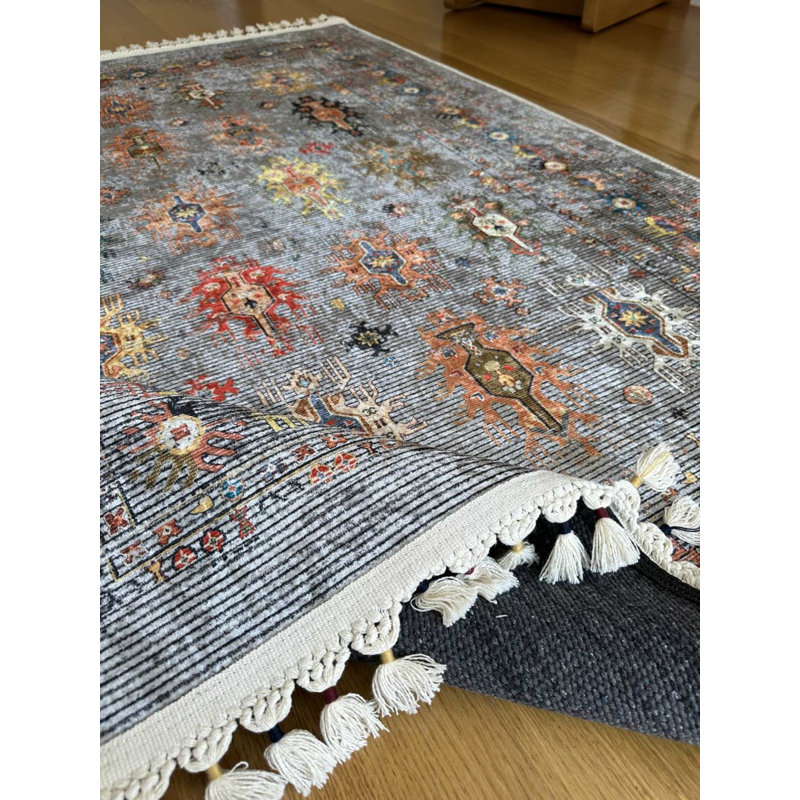 Coton imprimé marocain gris Toscana Tapis chenille antidérapant, Rectangle 3 pi 11 po x 9 pi 10 po