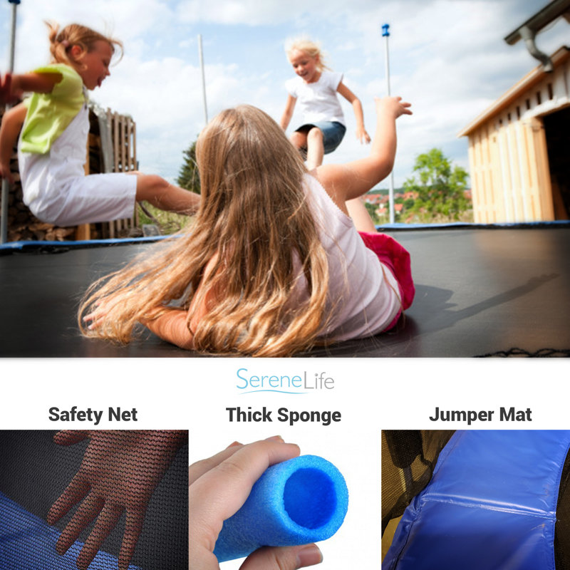 SereneLife 12ft Black and Blue Outdoor Trampoline with Safety Enclosure