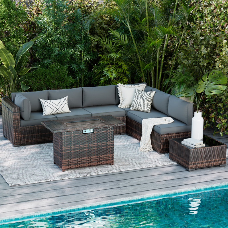 Benboe 6 - Person Patio Conversation Set with Cushions, Brown Frame/Gray Cushion
