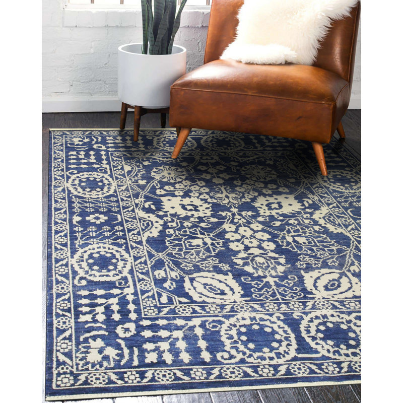 Tapis bleu en laine noué à la main Williamsbridge Freya, Rectangle 6 pi x 9 pi