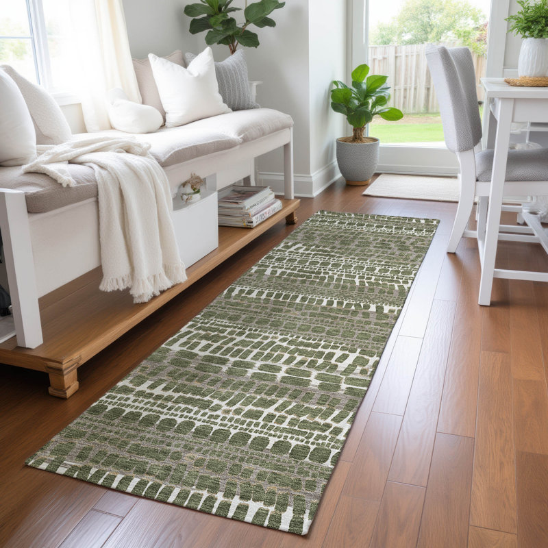 Machine Washable Indoor/Outdoor Chantille ACN2540 Abstract Rug, Runner 2'3" x 7'6", Olive